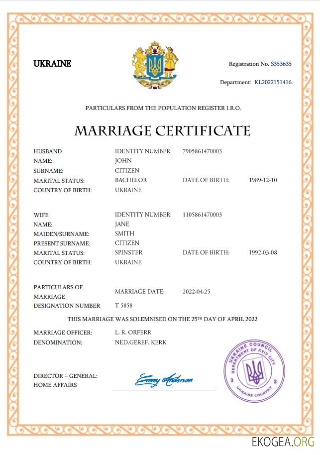 Modèle Word et PDF de certificat de mariage en Ukraine